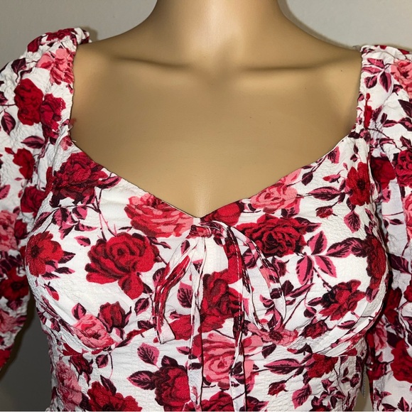 Floral Red and Pink Long Sleeve Puff-Sleeve Mini Dress - Picture 4 of 9